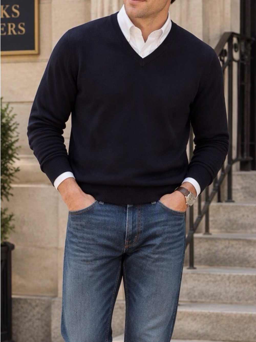 Brooks Brothers 1818 Extra Fine Italian Merino Wool V-Neck Sweater XL Navy Blue